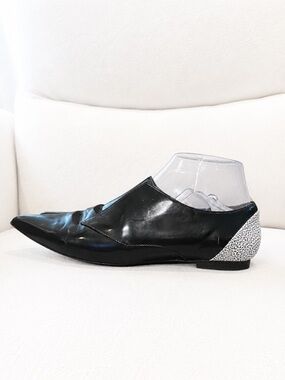 3.1 Phillip Lim Black Leather Pointed Slip-On Flats with Speckled White Heel